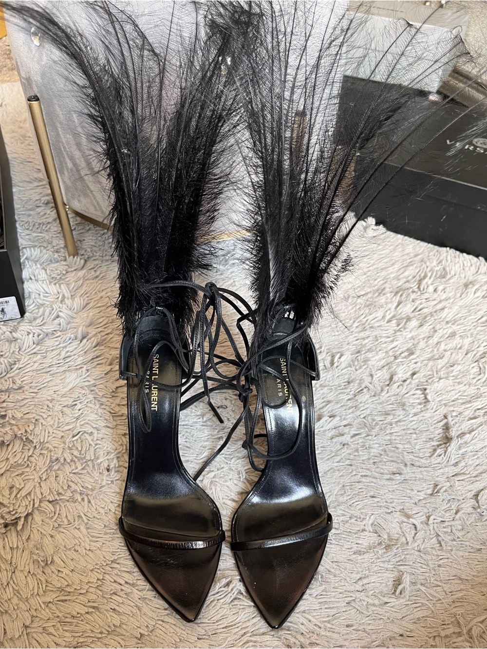 Saint Laurent Black Feather Lace-Up Sandals - Picture 9 of 9